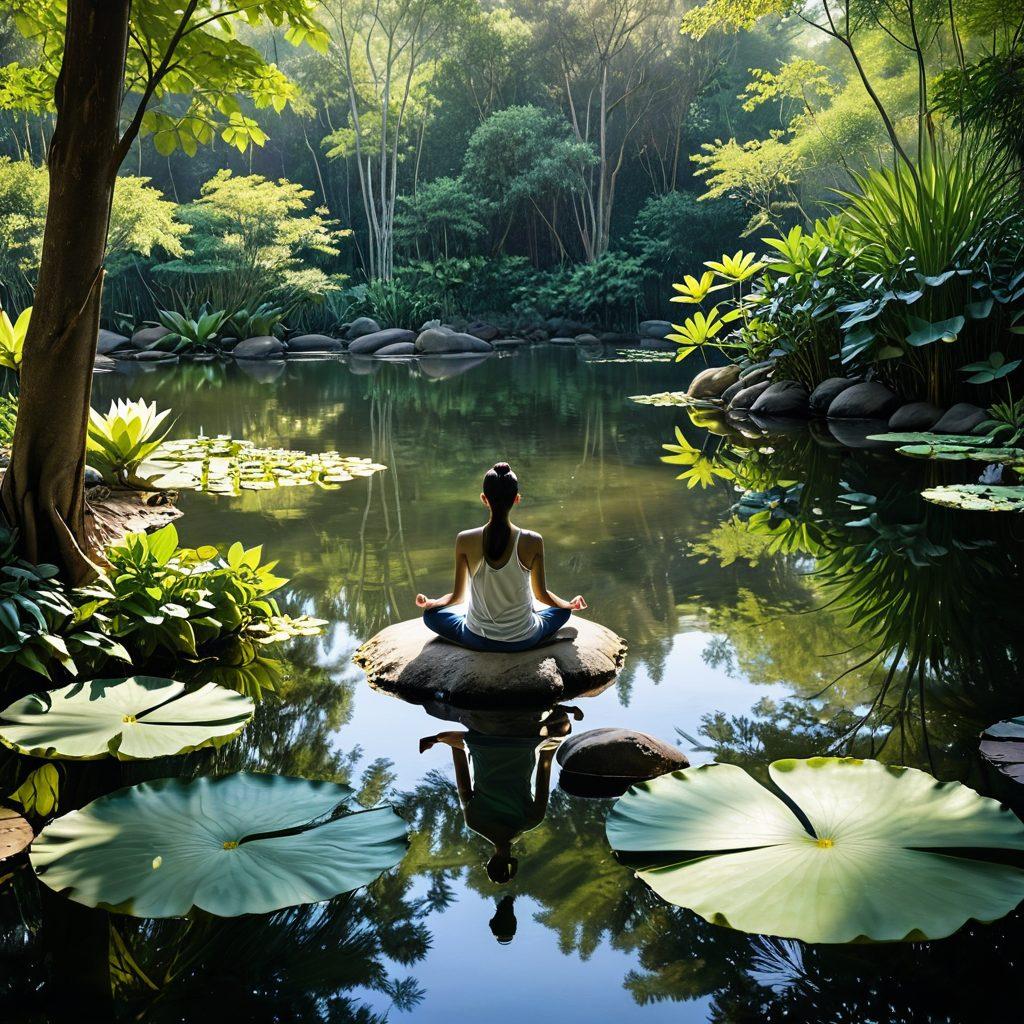A serene landscape with a tranquil lotus pond, surrounded by lush greenery and soft sunlight filtering through the trees. In the foreground, a person meditating peacefully on a rock, symbolizing inner peace and self-care. Gentle ripples in the water reflecting the calm atmosphere of resilience. Soft pastel colors enhance the sense of tranquility and hope. super-realistic. vibrant colors. white background.