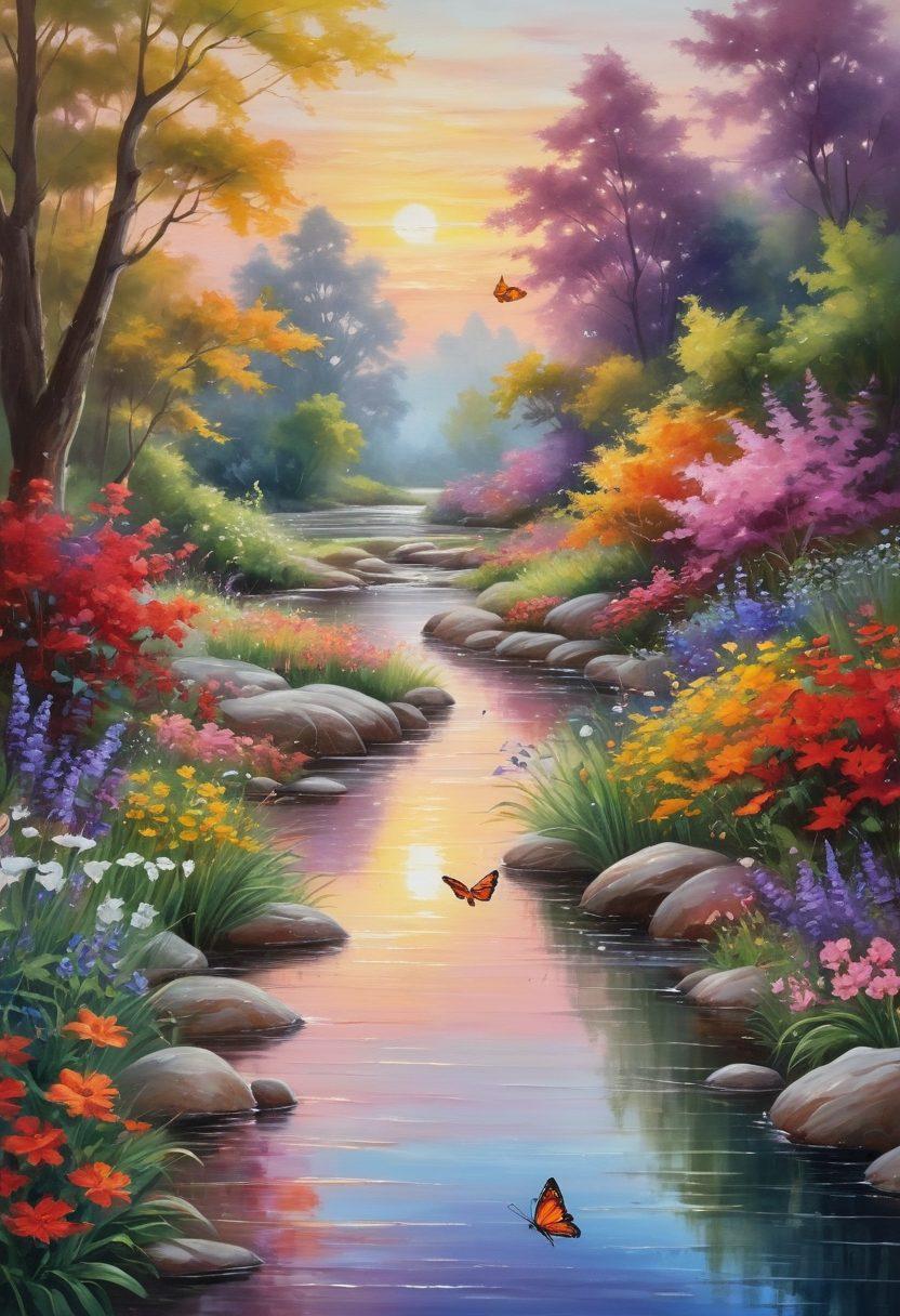A serene landscape featuring a peaceful garden with vibrant flowers and a gentle stream, where individuals practice mindfulness through meditation and yoga. The sky is painted in warm, soothing colors of a sunset, symbolizing joy and tranquility. Include soft, ethereal lighting to enhance the sense of emotional wellness. Incorporate elements of nature, like lush greenery and fluttering butterflies. painting. vibrant colors. ethereal lighting.