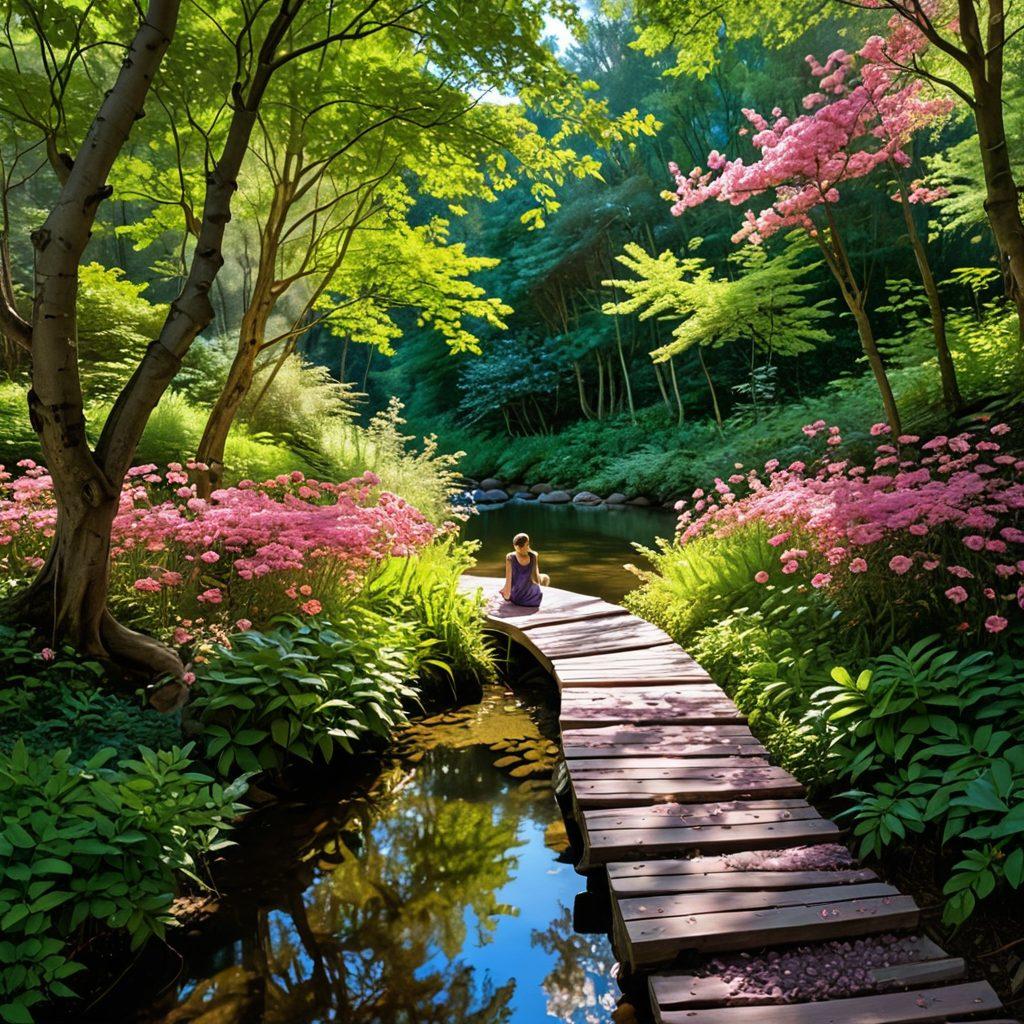 A serene landscape featuring a winding pathway through a tranquil forest, dappled sunlight filtering through the leaves, with a person meditating peacefully on the path. Include elements like gentle flowing water and blooming flowers, symbolizing emotional balance and inner fulfillment. The scene should evoke a sense of calm and introspection. vibrant colors. painting.